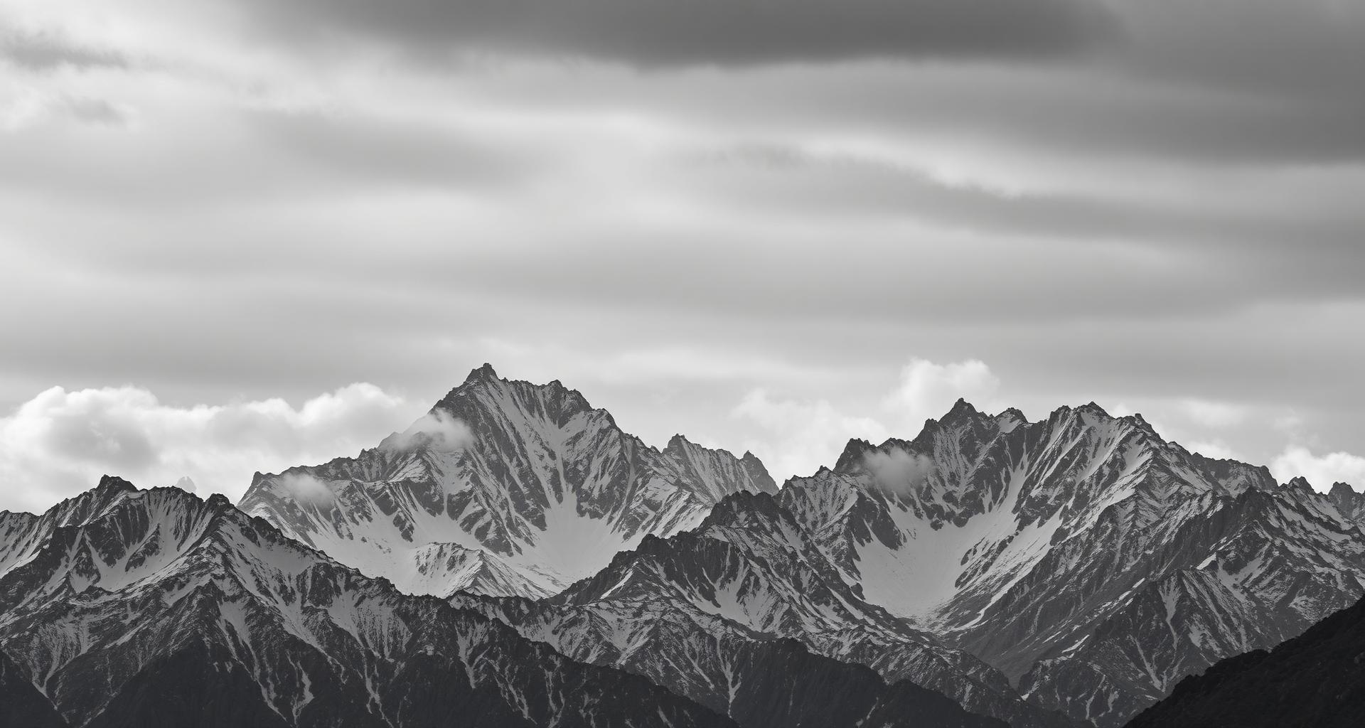 Black and white photograph of a dramatic mountain range